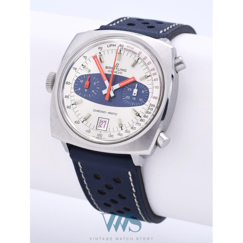 BREITLING (Chronographe Pilote Chrono-Matic Coussin / Silver-Blue / ref. 2111), vers 1969