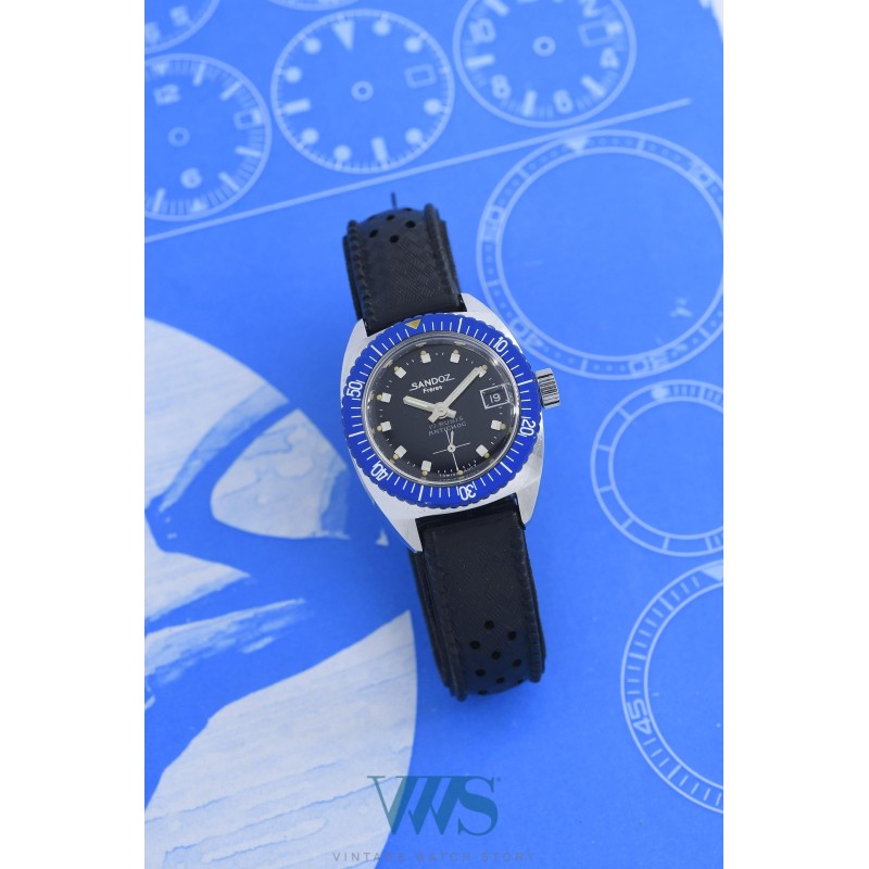 SANDOZ (Submarine Antichoc / Lady - Cadran Black / Lunette Bleue / ref. 23.906.1), vers 1970