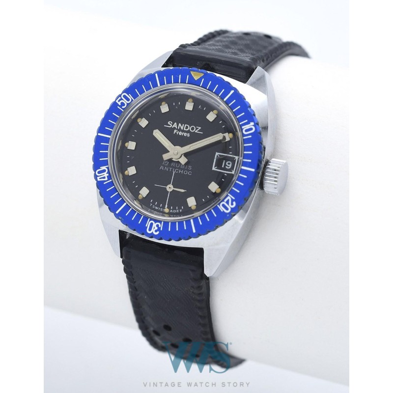 SANDOZ (Submarine Antichoc / Lady - Cadran Black / Lunette Bleue / ref. 23.906.1), vers 1970